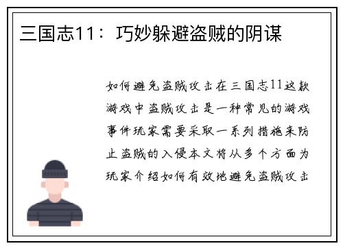三国志11：巧妙躲避盗贼的阴谋